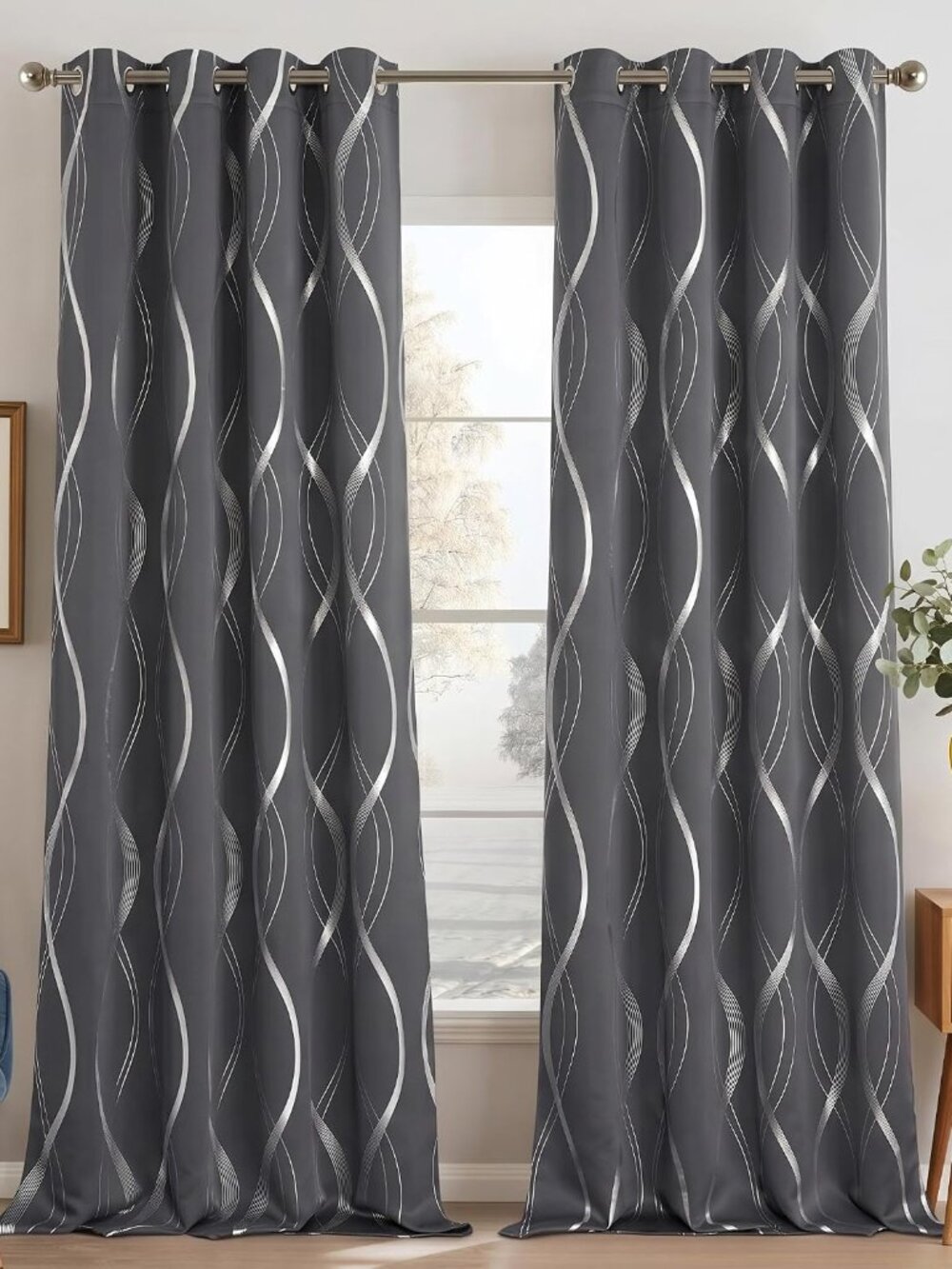 Grey Blackout Striped Pattern Curtains for Living Room, 52 x 84